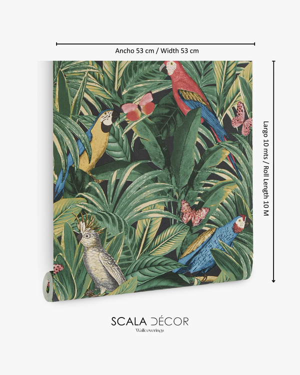 Papel de Colgadura Tropical | Green Leaves & Birds Wallpaper