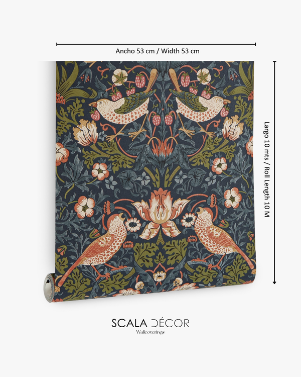 Papel de Colgadura Botánico | Navy Arts & Crafts Birds Wallpaper