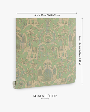 Papel de Colgadura Clásico | Pistachio Indian Elephants Wallpaper