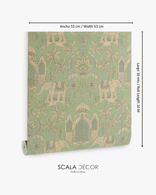 Papel de Colgadura Clásico | Pistachio Indian Elephants Wallpaper
