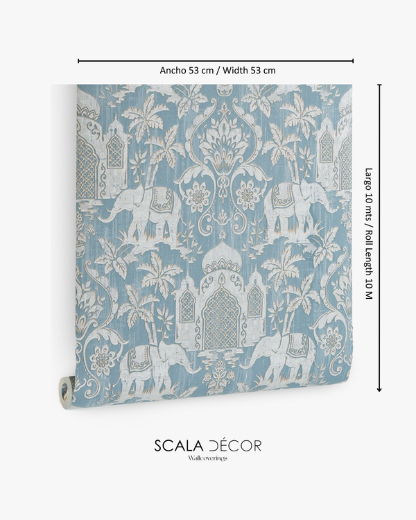 Papel de Colgadura Clásico | Blue Indian Elephants Wallpaper