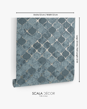 Papel de Colgadura Geométrico | Steel Blue Moroccan Wallpaper