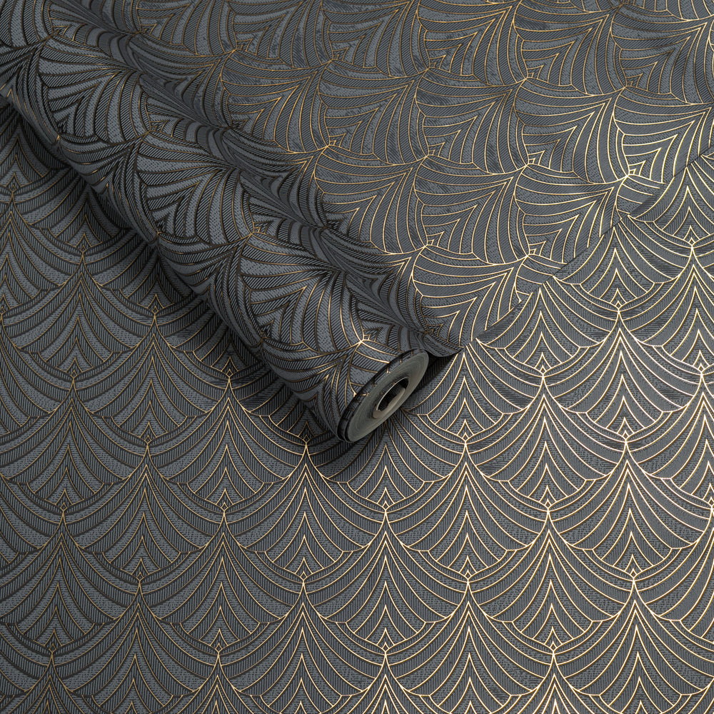 Papel de Colgadura Art Deco | Charcoal Gold Fan Wallpaper