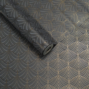 Papel de Colgadura Art Deco | Charcoal Gold Fan Wallpaper