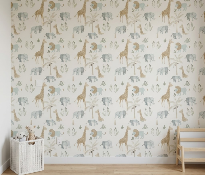 Papel de Colgadura Infantil Safari | Watercolor Safari Friends Wallpaper