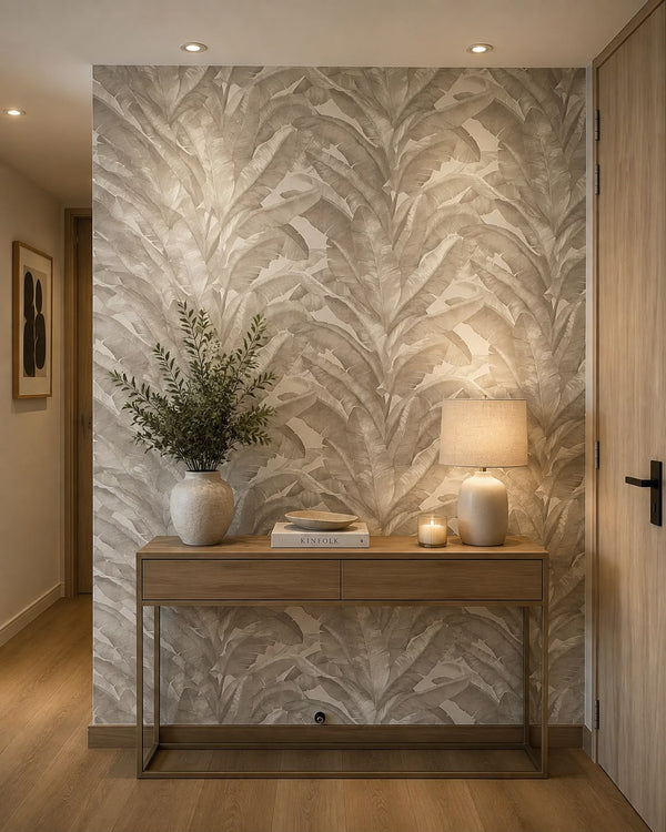 Papel de Colgadura Tropical | Taupe Banana Leaves Wallpaper