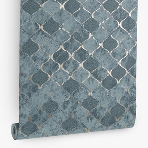 Papel de Colgadura Geométrico | Steel Blue Moroccan Wallpaper