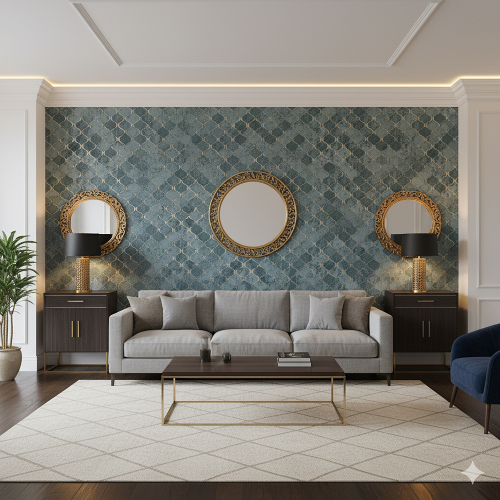 Papel de Colgadura Geométrico | Steel Blue Moroccan Wallpaper