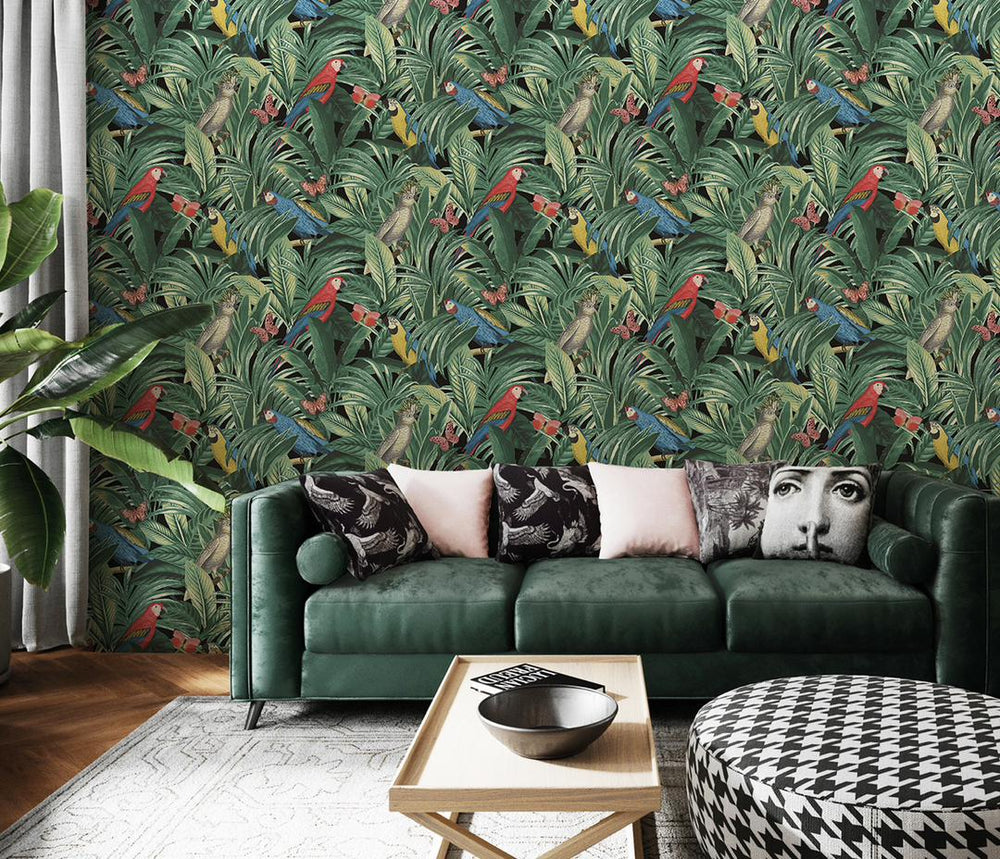 Papel de Colgadura Tropical | Green Leaves & Birds Wallpaper
