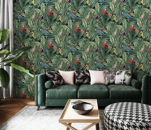 Papel de Colgadura Tropical | Green Leaves & Birds Wallpaper