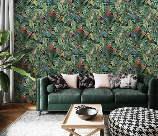 Papel de Colgadura Tropical | Green Leaves & Birds Wallpaper