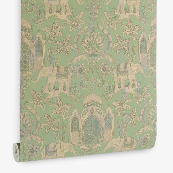 Papel de Colgadura Clásico | Pistachio Indian Elephants Wallpaper