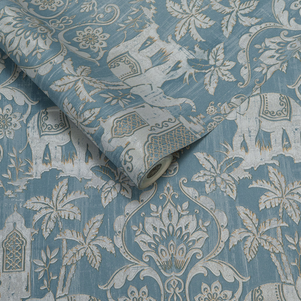 Papel de Colgadura Clásico | Blue Indian Elephants Wallpaper