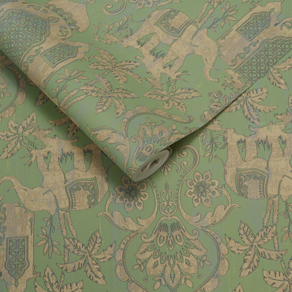 Papel de Colgadura Clásico | Pistachio Indian Elephants Wallpaper