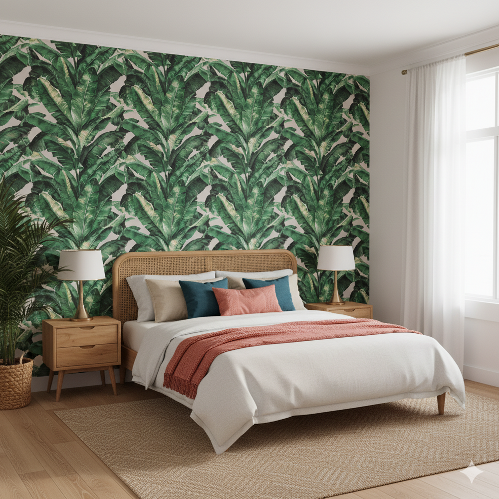 Papel de Colgadura Tropical | Green Banana Leaves Wallpaper