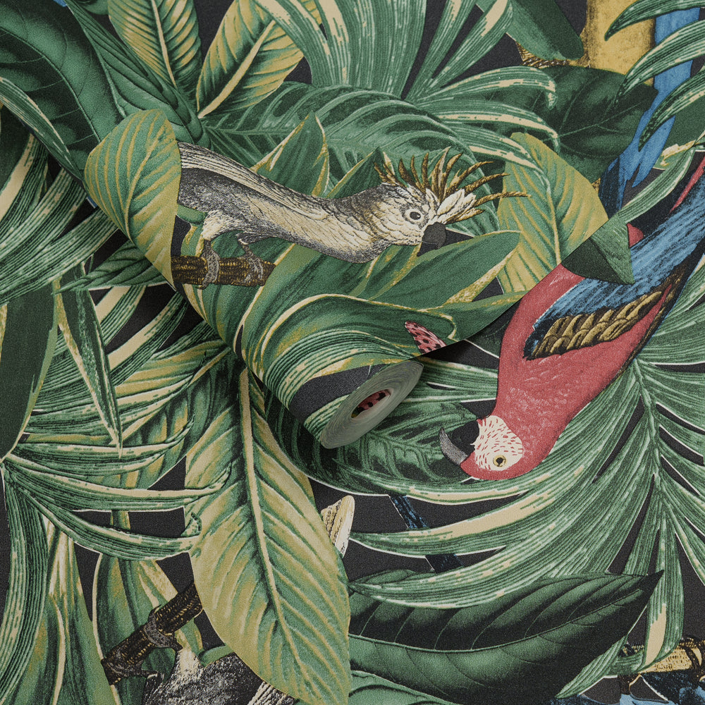 Papel de Colgadura Tropical | Green Leaves & Birds Wallpaper