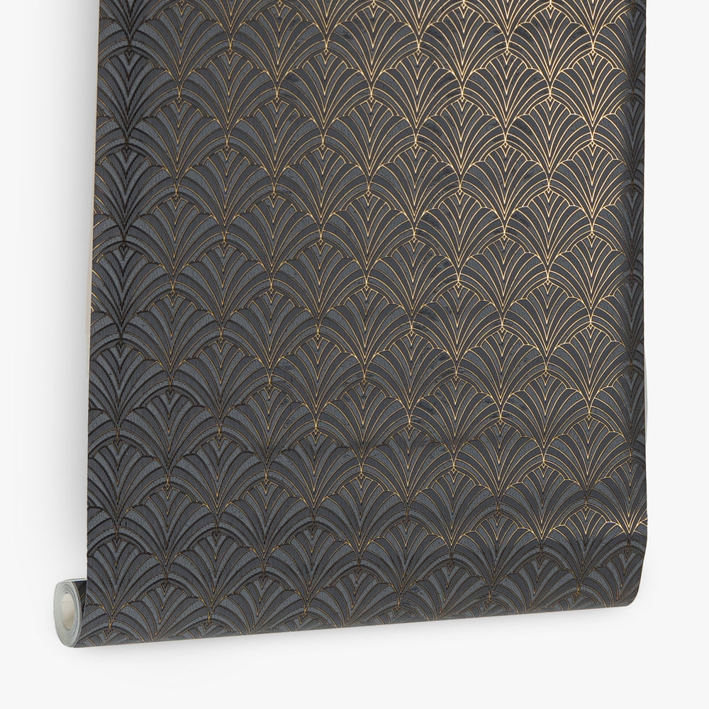 Papel de Colgadura Art Deco | Charcoal Gold Fan Wallpaper