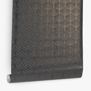 Papel de Colgadura Art Deco | Charcoal Gold Fan Wallpaper