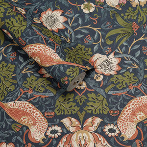 Papel de Colgadura Botánico | Navy Arts & Crafts Birds Wallpaper