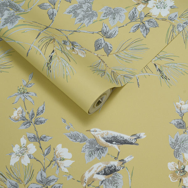 Papel de Colgadura Botánico | Mustard Birds Wallpaper