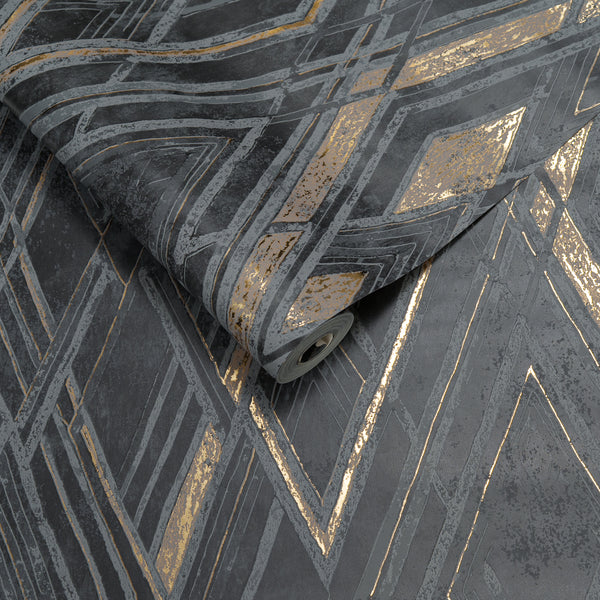 Papel de Colgadura Geométrico | Charcoal & Gold Diamond Wallpaper
