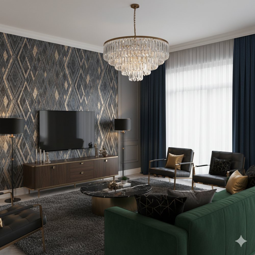 Papel de Colgadura Geométrico | Charcoal & Gold Diamond Wallpaper