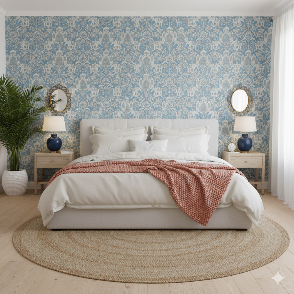 Papel de Colgadura Clásico | Blue Indian Elephants Wallpaper