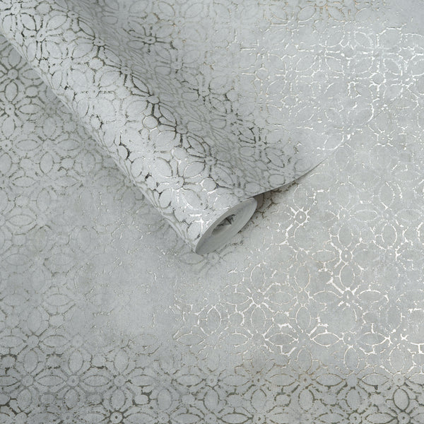 Papel de Colgadura Clásico | Silver Arabesque Foil Wallpaper