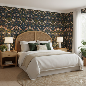 Papel de Colgadura Botánico | Navy Arts & Crafts Birds Wallpaper