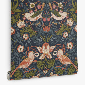 Papel de Colgadura Botánico | Navy Arts & Crafts Birds Wallpaper