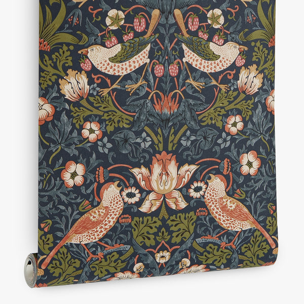 Papel de Colgadura Botánico | Navy Arts & Crafts Birds Wallpaper