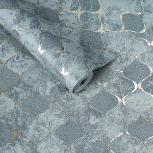 Papel de Colgadura Geométrico | Steel Blue Moroccan Wallpaper