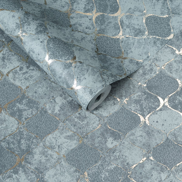 Papel de Colgadura Geométrico | Steel Blue Moroccan Wallpaper