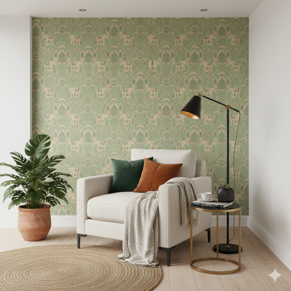 Papel de Colgadura Clásico | Pistachio Indian Elephants Wallpaper