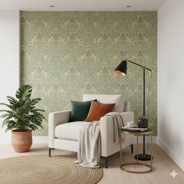 Papel de Colgadura Clásico | Pistachio Indian Elephants Wallpaper